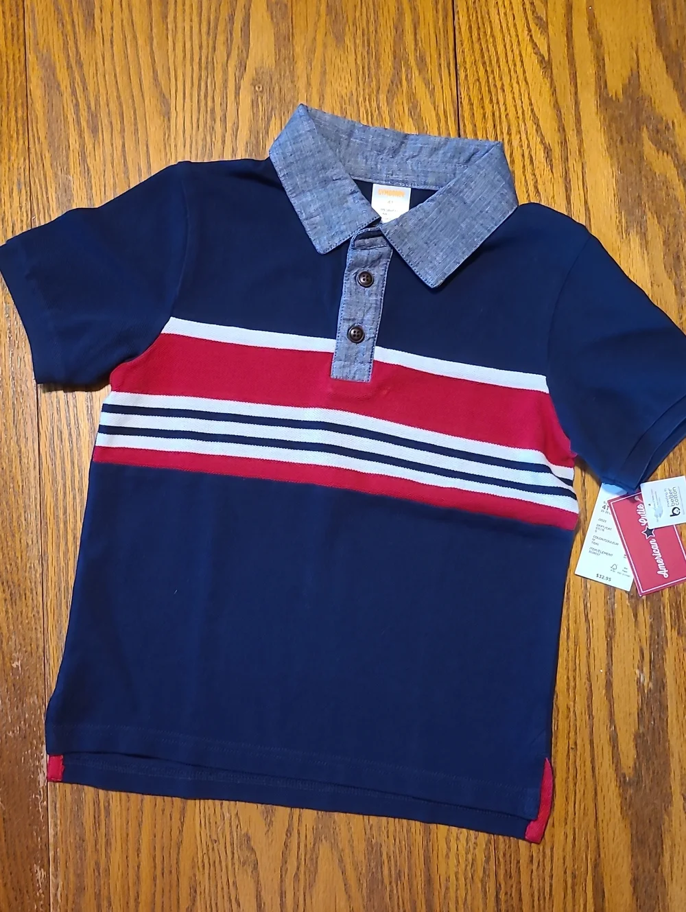 Gymboree NWT Navy Polo with Red, White and Chambray Collar - Size 4T